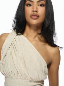 MISSGUIDED Elegant Linen One Shoulder Ruched Top Evening Party Summer Sophisticated Draped Blouse Resort Wear Vacation Holiday Special Occasion - Khaki - View 6