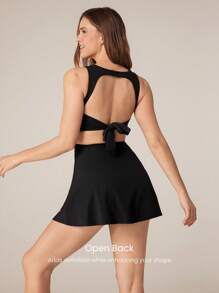 GLOWMODE FeatherFit™-Air 吸汗速干露背蝴蝶结连衣裙，内置短裤侧袋防滑手柄日常休闲装可拆卸罩杯运动连衣裙 - 黑色 - 查看 6