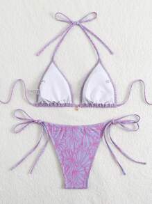 SHEIN Swim Women Spring Break Beachwear 2 Pieces Vintage Bikini Set, Random Floral Print Tie Front Top And Tie Side Bottom, Bohemian Festival Summer Vacation Outfits