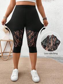 SHEIN LUNE 夏季大码女士蕾丝拼接弹力针织七分裤