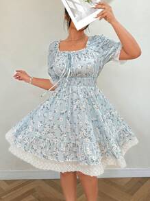 SHEIN Clasi 大码女式夏季蓝色碎花泡泡袖荷叶边A字连衣裙 - 藍色 - 查看 10