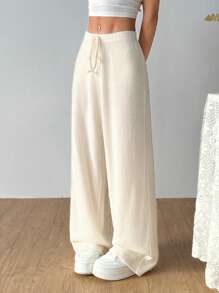 SHEIN EZwear Quần ống rộng đơn sắc thường ngày rộng rãi cho nữ - Màu be - Xem 5
