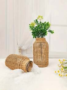 1pc Woven Cylindrical Glass Vase, Home Desktop Decorative Planter - Brown - View 6