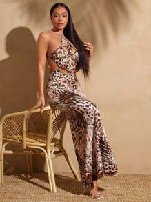 Vixey 动物图案镂空细节露背挂脖长裙，豹纹，露背 - 彩色 - 查看 1