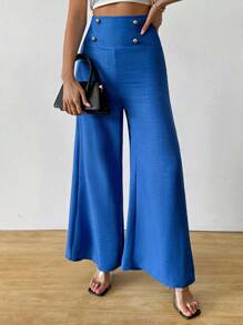 SHEIN Clasi Celana Panjang Wanita Elegan Pinggang Tinggi Slim Fit Kaki Lebar Warna Biru untuk Musim Gugur - Biru - View 6