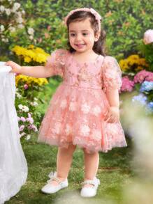 Fern Glow  Babygirl Lovely & Elegant Pink Floral Mesh Summer Dress - Pink - View 3