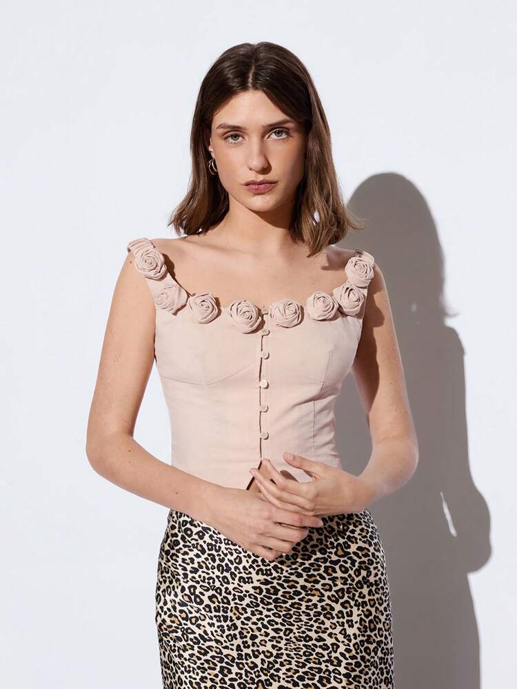 SHEIN Maija 2025 Newest Summer Women's Off Shoulder Collar 3D Rose Flower Decor Blouse, Casual Streetwear For Music Festival, Beach, Daily, Romantic Urban Getaway, Fit For Outdoor Gathering, Wedding Guest, Graduation Season