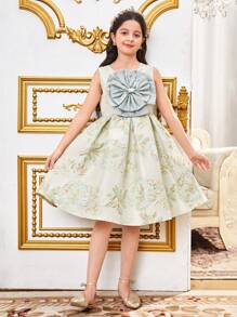 SHEIN Leap Crew Tween Girls Elegant Floral Jacquard Sleeveless Dress - Blue - View 5