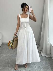 Airlisse Geborduurde effenkleurige getailleerde lijfjejurk met geplooide buste, strik aan de voorkant, ruchezoom, knoopsluiting in de taille, uitlopende jurk, elegante sexy bohemian stijl voor feestjes, vakantie, lente/zomer