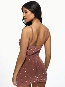 MISSGUIDED Pearl Embellished Mesh Corset Mini Dress Bodycon Party Evening Bustier Design Sweetheart Neckline Elegant Holiday New Year Club Dress - Pink - View 2