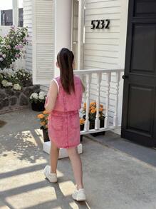 Tween Girls Peach Red Fashionable Versatile Washed Denim Vest & Skirt Set - Hot Pink - View 2