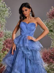 Glamrae Elegant Blue Tube Top V-Neck Digitally Printed Heavy-Duty Whole Piece Pleated Multi-Layer Cake Pagoda Skirt With Adjustable Straps At The Back Suitable For Dates, Vacation Photos, Bachelor Parties, Wedding Events, Graduation And Back-To-School Season Heavy-Duty Dinner Dresses