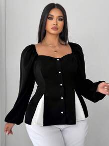 SHEIN Unity Plus Size Women's Sexy Elegant Patchwork Open Slit Long Sleeve Blouse - Black - View 7