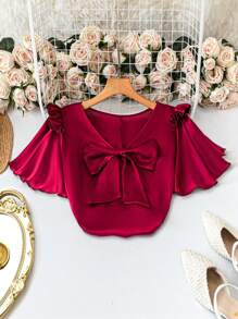 SHEIN LUNE Blusa roja holgada de mujer talla grande con cuello en V, mangas cortas con volantes y lazo - Rojo - Ver 3