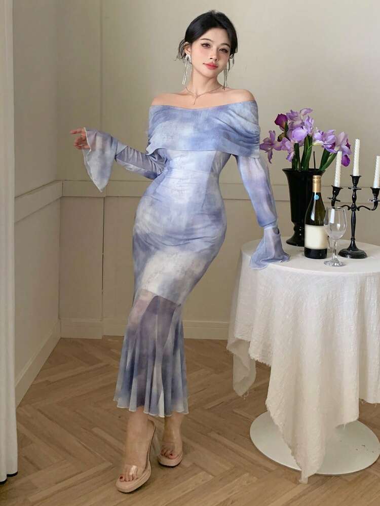 Women's Off Shoulder Floral Print Flared Sleeve Mermaid Dress Elegant,Ruffle,Fall Dress Long Sleeve Dress