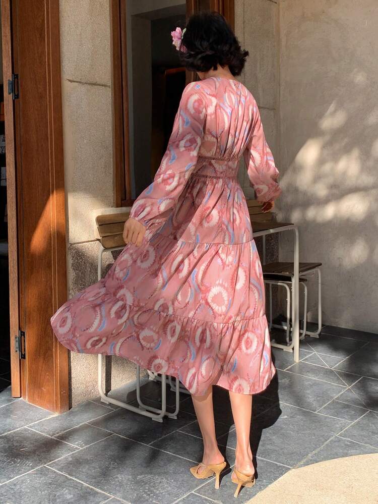 Mid-Long V-Neck Ruched Floral Print Dress For Women,Ruffle,Fall Dress Long Sleeve Dress Maxi Dress Boho