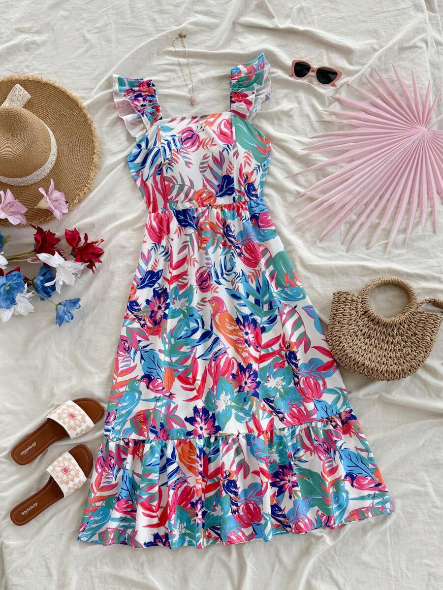 Soleia Summer Tropical Plant Floral Print Dress,Sun Dress - Green - View 1