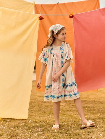 SHEIN Tween Girl 绒球饰边印花图案超大连衣裙