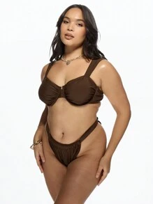 MISSGUIDED PLUS Plus Size Ruched Underwire Bikini Set Two Piece Swimsuit High Rise Bottom Supportive Swimwear Beach Vacation Summer Resort Wear XXL-6XL - Brown - View 3