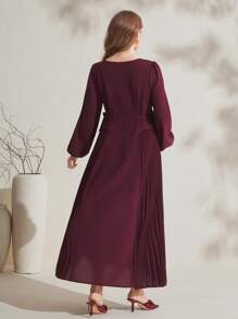 SHEIN Maternity Casual Solid Red Long Sleeve Dress With Lantern Sleeves And Ruffle Hem, Modest Style - Burgundy - View 2