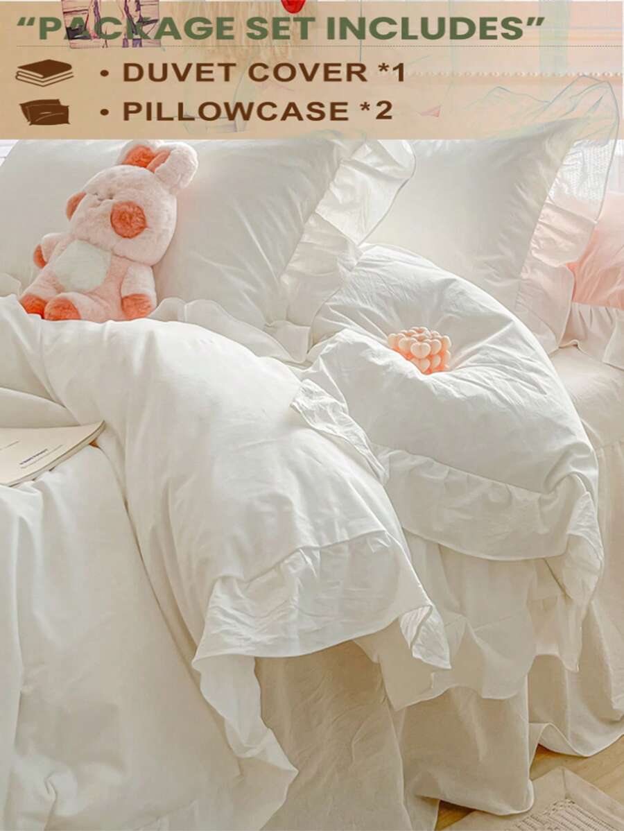 3件套柔软亲肤花朵蕾丝床上用品套装，1个羽绒被套和2个枕套，无填充物，可机洗 - 白色 - 查看 1