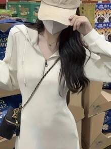 女士休闲纯色抽绳连帽连衣裙 - 杏色 - 查看 5