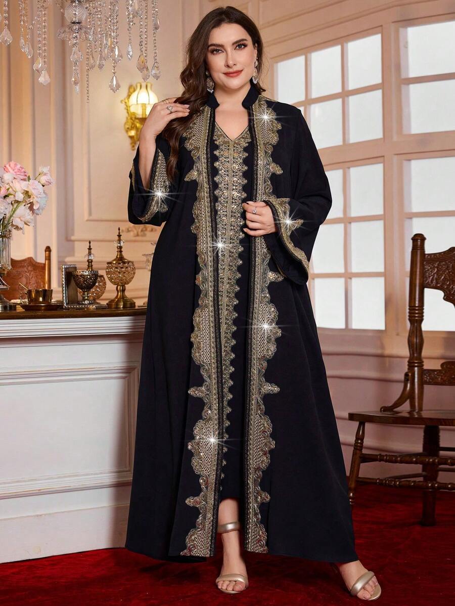Layrah Plus Size 2 Pieces Set Arabian Style Cloak Maxi Length Embroidered Abaya & Dress, Dubai Luxury Fall Cloth For Women - Black - View 1