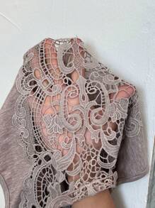 SHEIN LUNE Plus Size Round Neck Soft Knit Lace Patchwork A-Line Casual Commuting Dress - Apricot - View 8