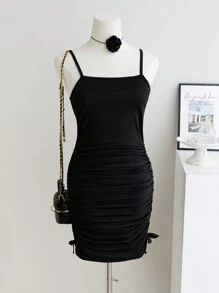 Lunivi Mädchen im Teenager-Alter Gestricktes figurnahes Kleid mit gerüschtem Träger und Seitenschleife, lässig süßer Allround-Stil Kleider für Mädchen