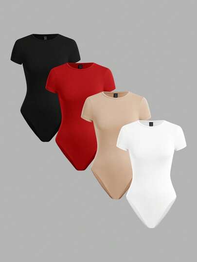 SHEIN BASICS Set de 4 piezas Bodys ajustados de manga corta y cuello redondo en color liso de punto casual para mujeres