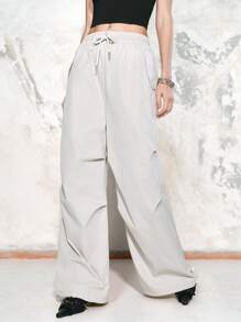 SHEIN LUNE 女士宽松阔腿抽绳口袋工装裤，休闲长裤 - 杏色 - 查看 7