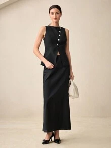 BizChic Black Office Wear For Women, Crew Neck Sleeveless Asymmetrical Tank Top & Long A-Line Skirt Spring/Summer Suit - Black - View 2
