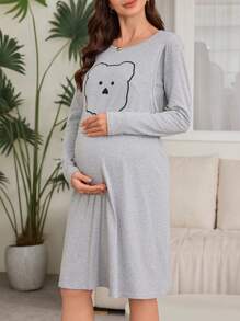 Cute Bear Line Print Breastfeeding Design Maternity Long Sleeve Nightgown - Light Grey - View 3