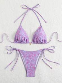 SHEIN Swim Women Spring Break Beachwear 2 Pieces Vintage Bikini Set, Random Floral Print Tie Front Top And Tie Side Bottom, Bohemian Festival Summer Vacation Outfits