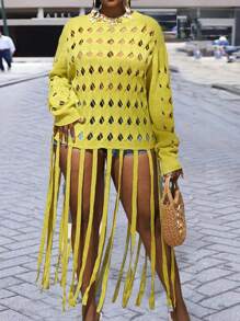 Slaydiva New 2025 Curve Fashionable Casual Women Autumn New Long Sleeve Knitted Hollow Tassels Round Neck Sweater Spring/Summer