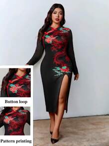 Celure 大码女士优雅旗袍连衣裙，中式立领，红色撞色，纽扣门襟，龙和祥云印花，中国新年/节日 - 黑色 - 查看 1