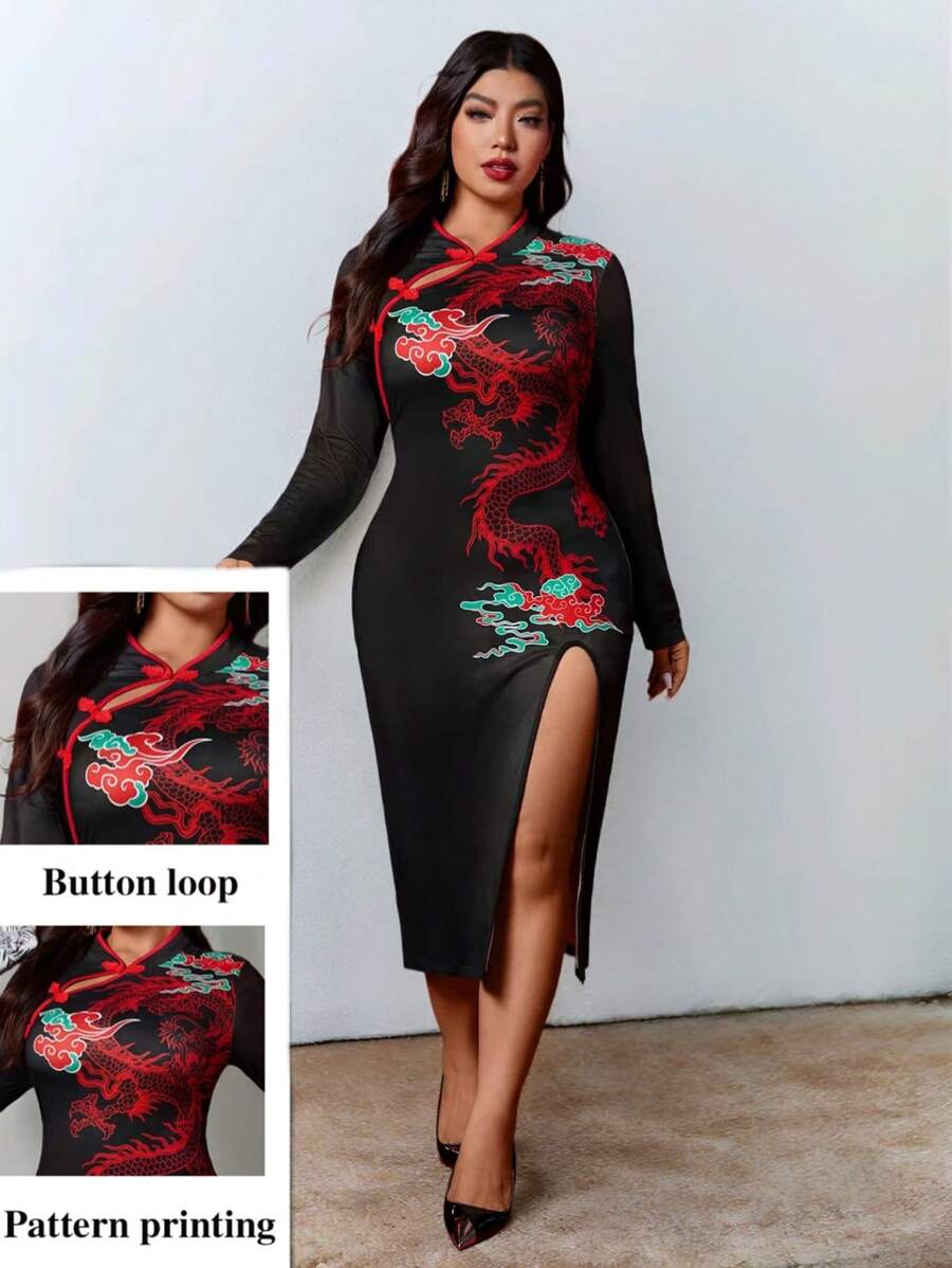Celure 大码女士优雅旗袍连衣裙，中式立领，红色撞色，纽扣门襟，龙和祥云印花，中国新年/节日 - 黑色 - 查看 1