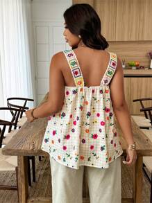 Weeklong Débardeur à motif carreaux et micro-fleurs pour femmes grande taille avec broderie
