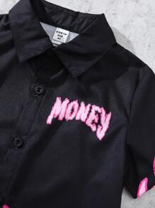 Young Boy Fire Flame Letter Print Short Sleeve Single-Breasted Casual Shirt - Black - View 7