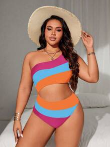 SHEIN Swim Curve Plus Size Women's Color Block Cutout Sexy Casual Vacation Jumper Swimsuit