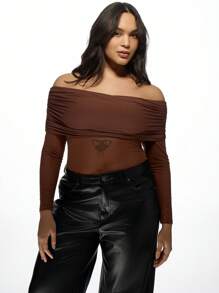 MISSGUIDED MISSGUIDED PLUS Ruched Off Shoulder Plus Size Bodysuit Long Sleeve Stretch Jersey Form Fitting Autumn Winter Party Evening Wear Casual Fashion Top