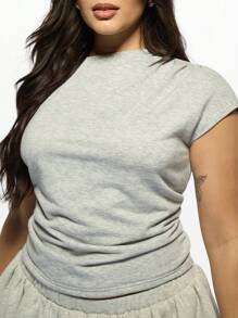 MISSGUIDED PLUS Plus Size Ruched Asymmetric T-Shirt Modern Bubble Hem Design Casual Draped Summer Top Weekend Loungewear Stretchy Comfortable Athleisure Essential - Light Grey - View 7