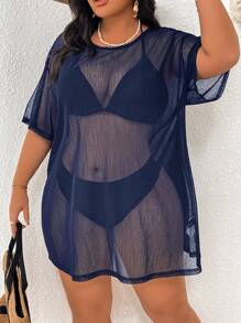 SHEIN Swim Curve Plus Size Sexy Sheer Solid Color Cover Up Dress, For Summer Beach Vacation