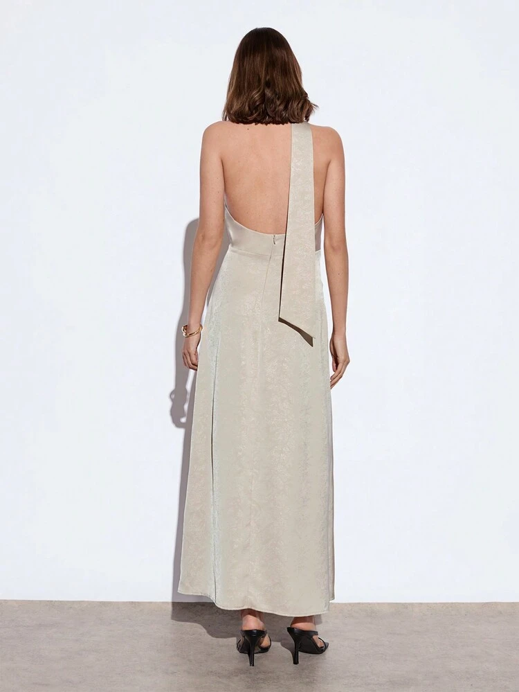 SHEIN Maija 2025 Summer New Arrival Champagne V-Neck Ribbon Tie Waist Flare Big A-Line Satin Texture Elegant Chic Music Festival Beach Resort Daily Casual Romantic City Holiday Vacation Suitable For Outing, Party, Wedding, Guest, Graduation Season Women Dress