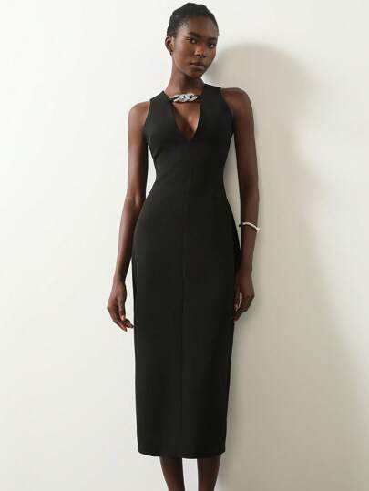 Aveloria Modichic Party Evening High-End Neckline Silver Chain Decor Design Elegant V-Neck Waist Fitted Dress, Women