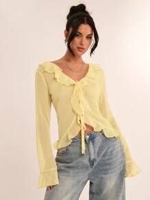 SHEIN BAE Women's Early Spring Elegant Chiffon Flounce Sleeve Blouse, Suitable For Vacation Parties, Dates, Hangouts With Friends, Vacations And Everyday Graceful Wear,Valentine's Day,Valentine Outfits For Women - Yellow - View 4