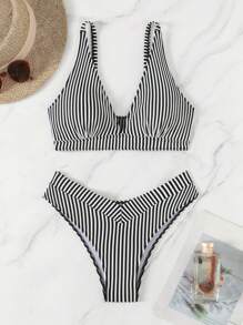 SHEIN Swim Striped Tankini Bikini Set For Beach Vacation For Summer - Black and White - View 1