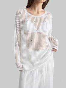 Ontre 2025 Spring Women's Bohemian Style Clothing, Valentine's Gift, Women's White Rhinestone Knitted Hollow Out Cover Up, Semi-Transparent - White - View 2