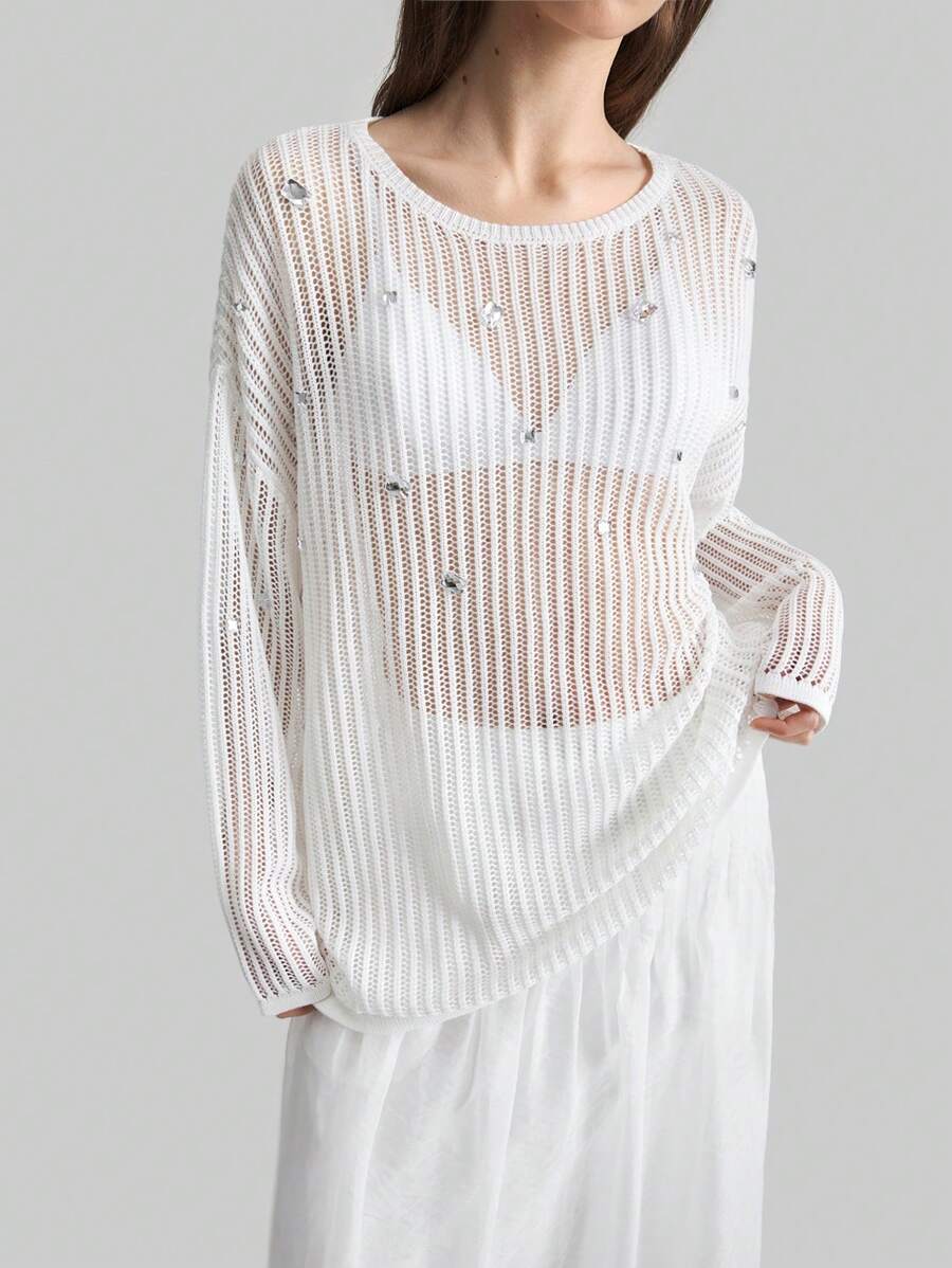 Ontre 2025 春季女士波西米亚风服装,情人节礼物,女士白色水钻针织镂空罩衫,半透明 - 白色 - 查看 1