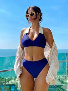 SHEIN Swim 2 件套 Springbreak 女士沙滩装夏季套装，V 领无袖短款上衣和高腰下装节日波西米亚风比基尼套装 - 藏蓝色 - 查看 3